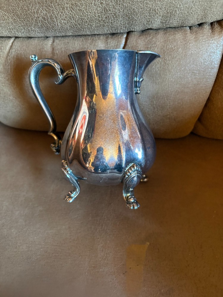 Vintage Silverplate Footed Creamer Pitcher Claw Feet Scroll Handle Decorative