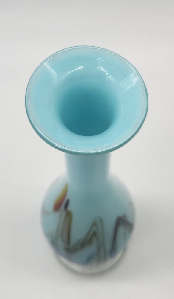 Handblown Light Blue with Multicolored Swirled Bud Vase.