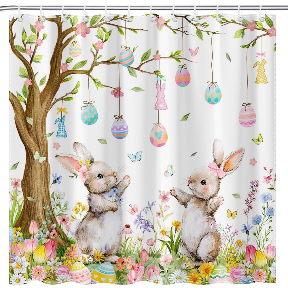 Easter Bunny Shower Curtain Easter Eggs Cute Rabbits Spring Floral Bathroom..