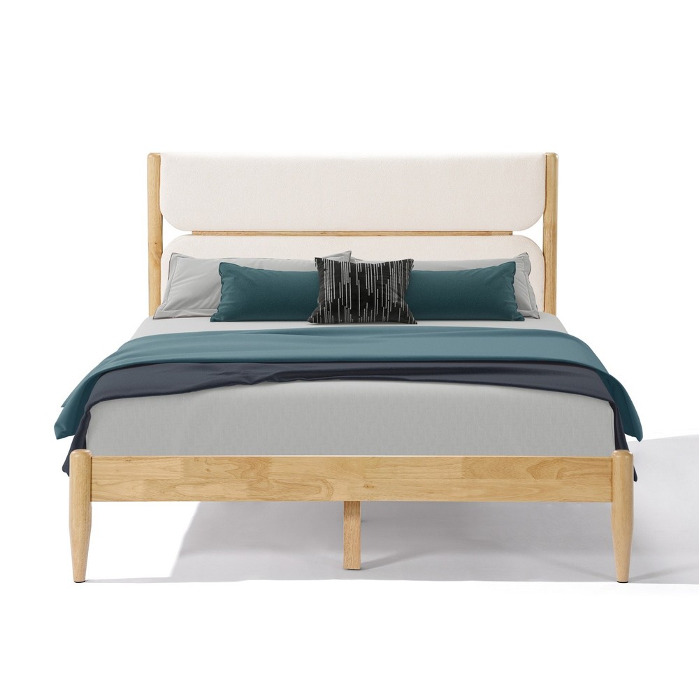 Queen/King Size Solid Wood Platform Bed Frame with Fleece Upholstered Headboard