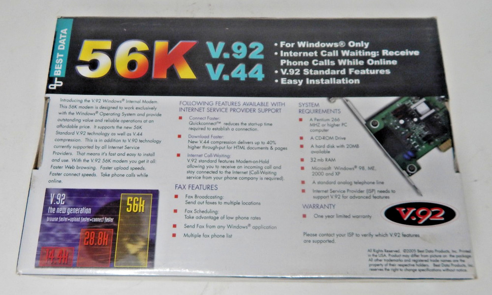 Windows Internal 56K Modem PCI Version For 98, ME, 2000, or XP NOS