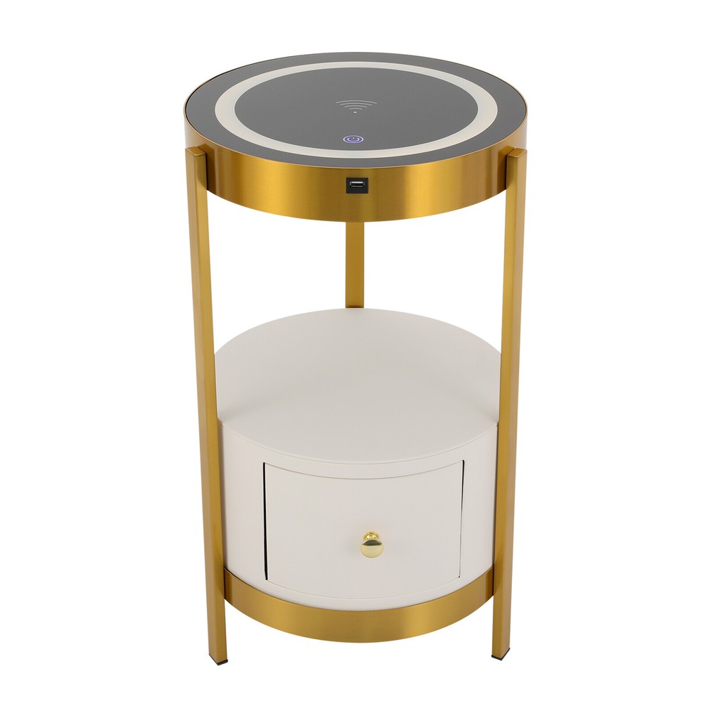 LED Nightstand Bedside Table with Drawers USB & Charging Station End Side Table