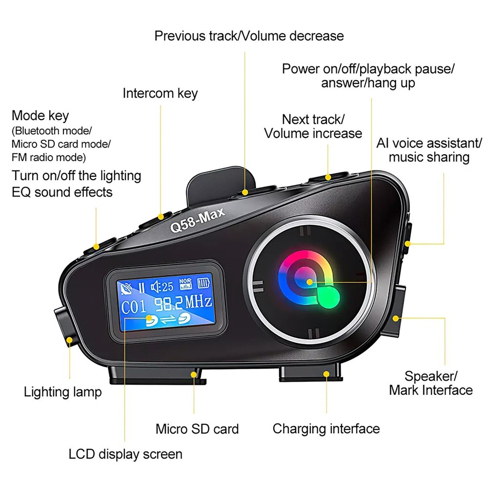 Support FM radio Motorcycle Intercom Helmet Bluetooth Headset LCD Waterproof