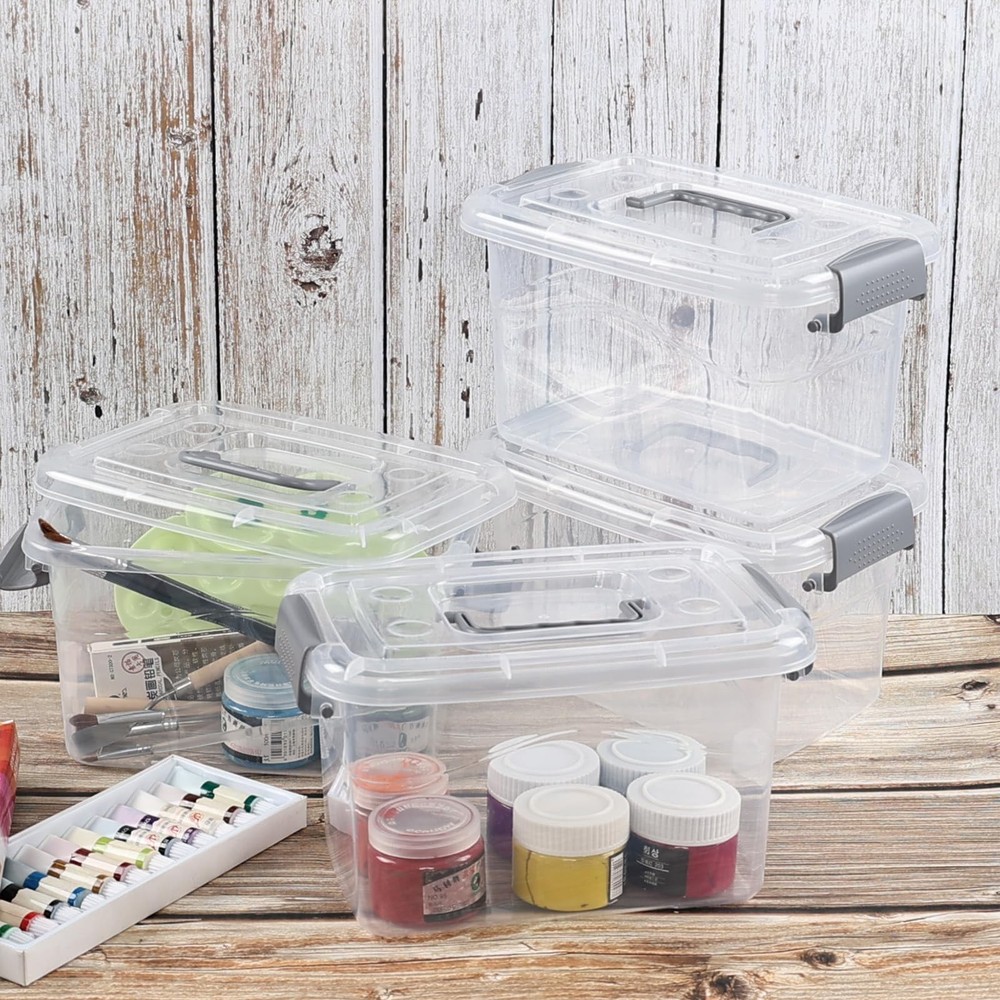 Ggbin 4-Pack 5 Quart Clear Plastic Storage Bins, Latching Storage Box with Ha...