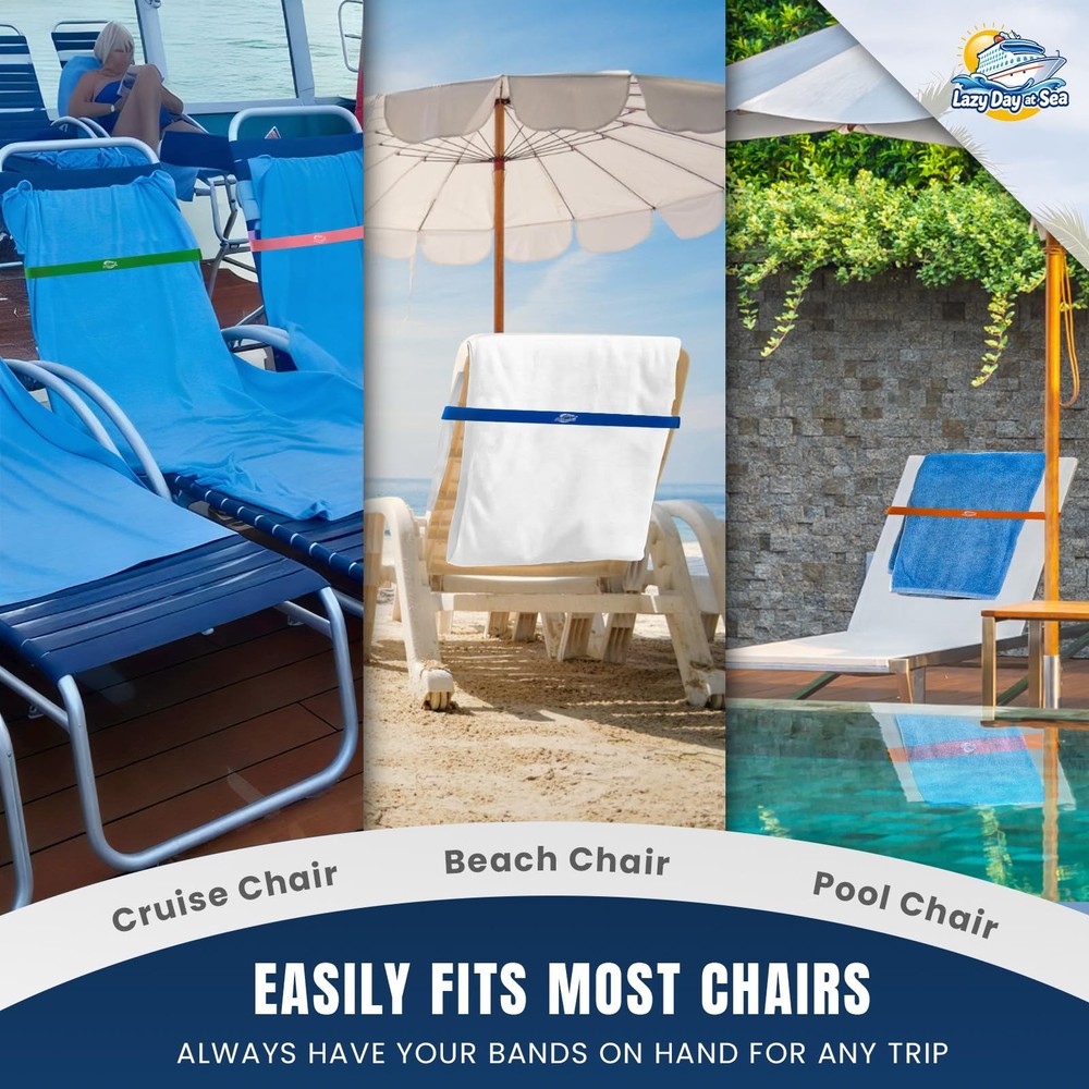 Towel Bands (6-Pack) for Beach & Pool Chairs – Extra Durable, No Snapping, Ho...