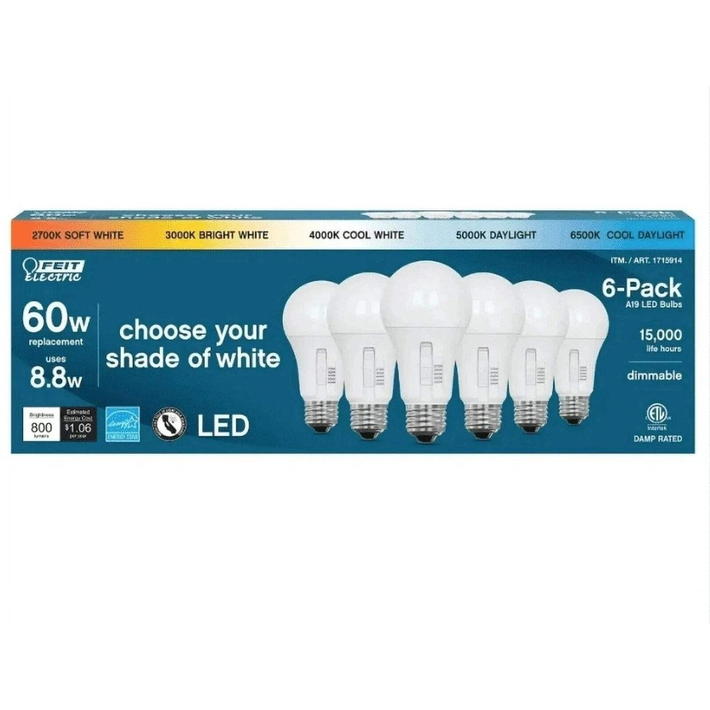 3 Boxes - Feit Electric 60 Watt A19 E26 Dimmable LED Bulb 6-Pack