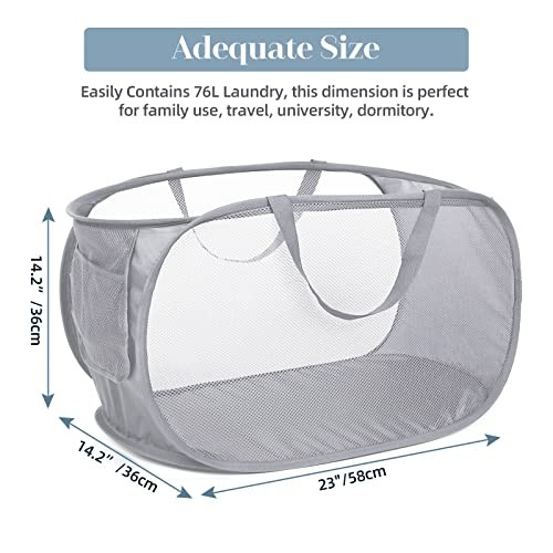 Durable Collapsible Laundry Baskets, Mesh Pop Up Laundry Pop Horizontal Gray