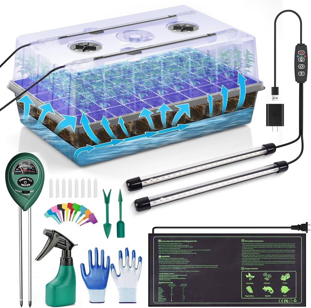 60-Cell Seed Starter Kit with Auto Timer, Grow Lights & Humidity Domes