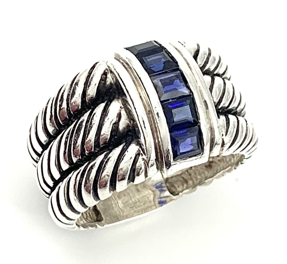 Mens Large Triple Stack Cable Sterling Silver Sapphire Ring Sz 12.5