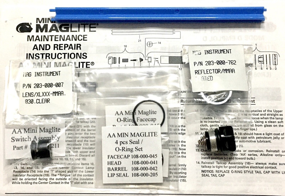 AA MINI MAGLITE  9 Piece Rejuvenation  Kit With New Tailcap.