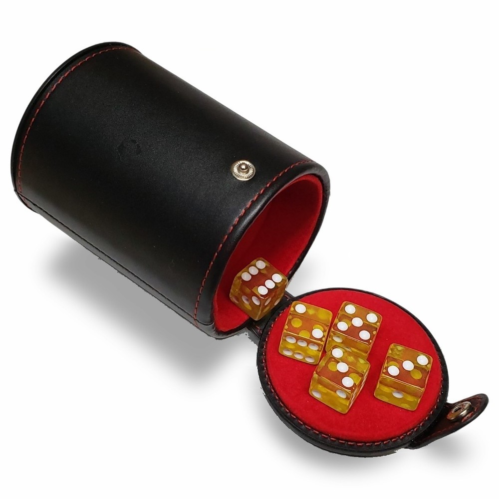 Yellow Transparent Dice + PU Leather Dice Cup Red Felt Lined w/Compartment