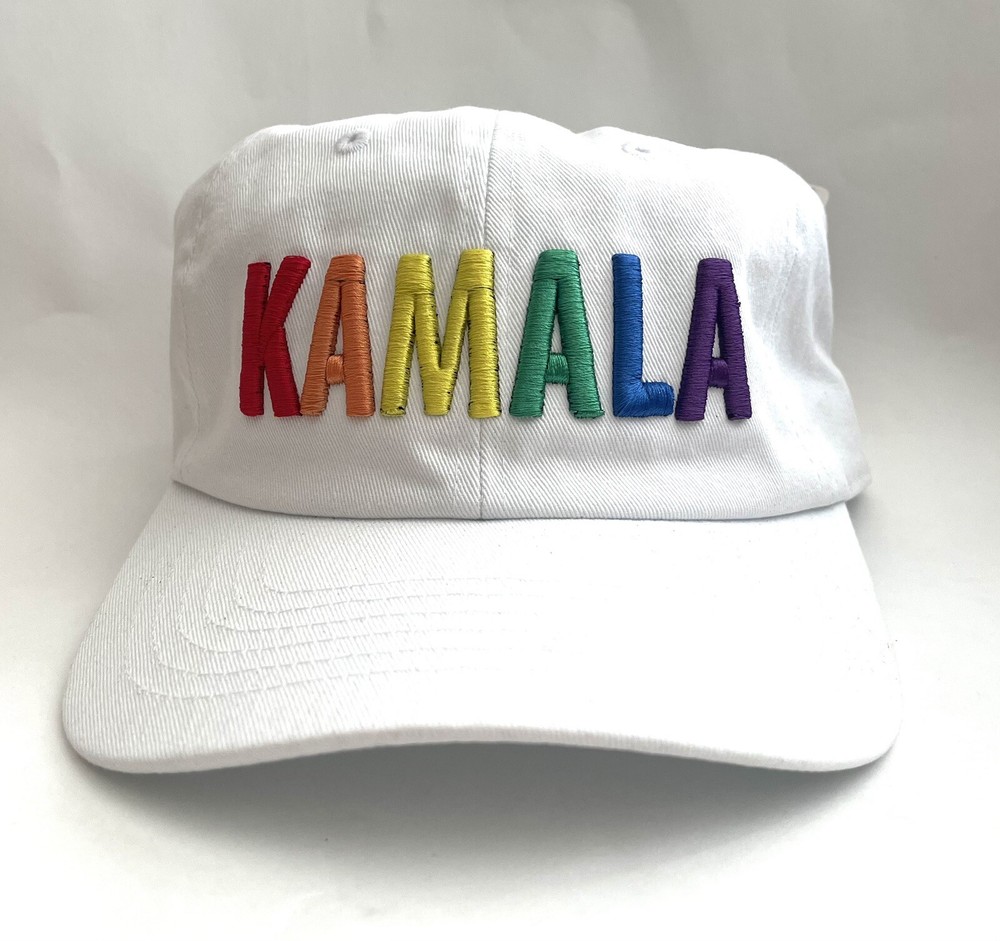 Kamala Harris Hat White With Rainbow Colored Thread KAMALA  “dad” Or Soft Style