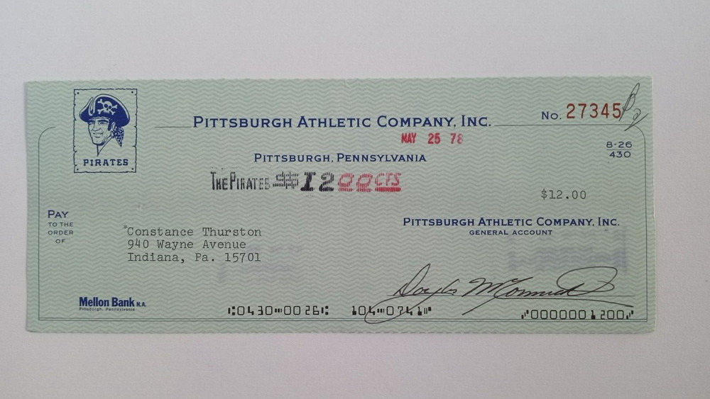 Constance Thurston: 1978 Pittsburgh Pirates Expense Check