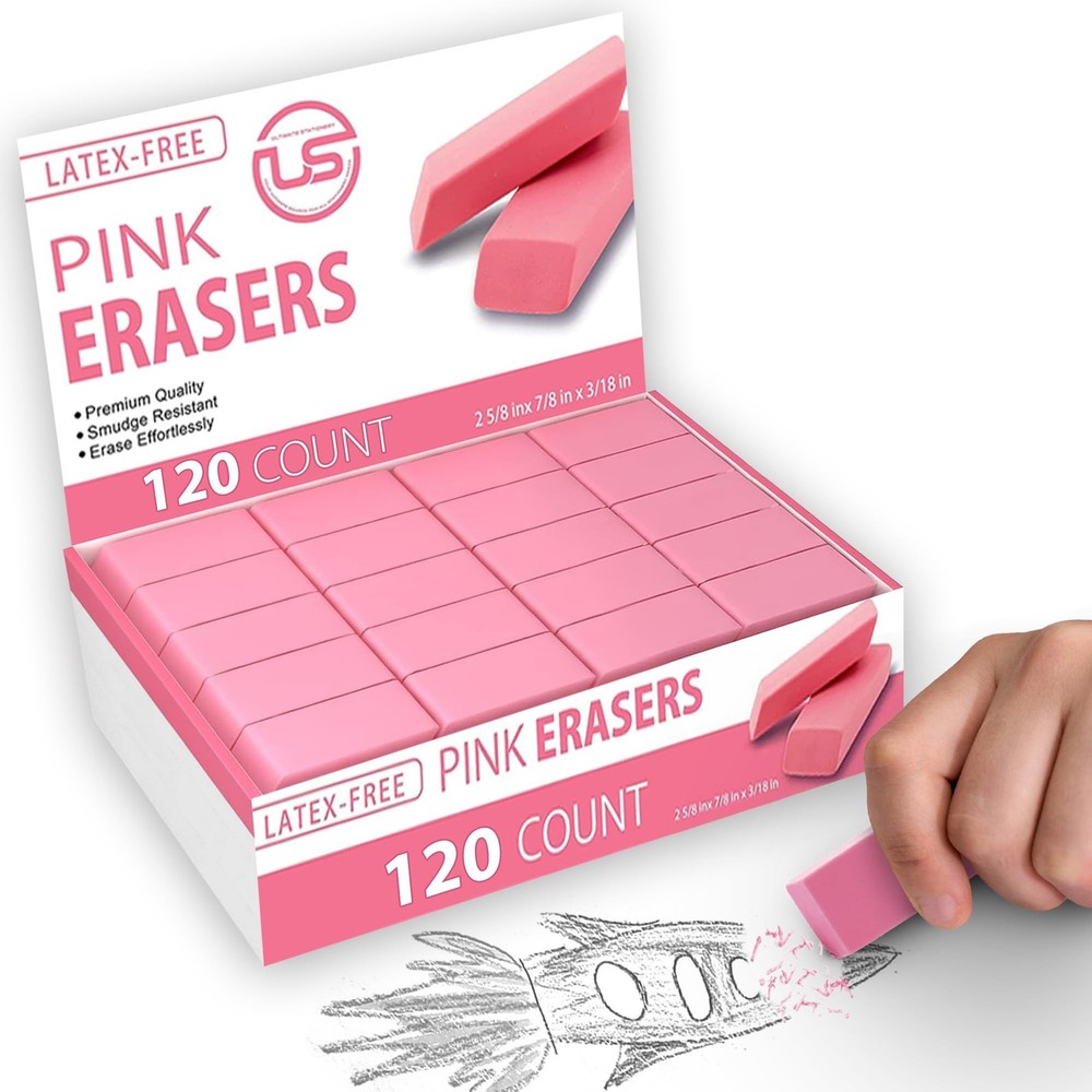 Pink Erasers, 120 Count Rectangular Eraser Bulk Pack, Latex Free Pink Pearl E...