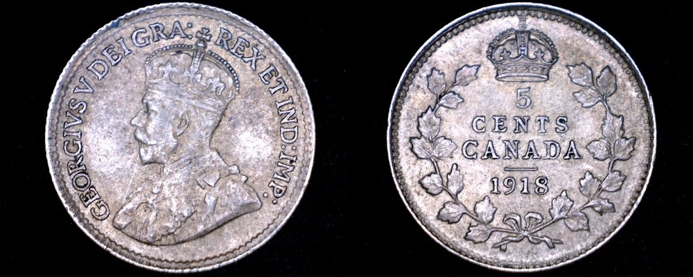 1918 Canada 5 Cent World Silver Coin - Canada - George V