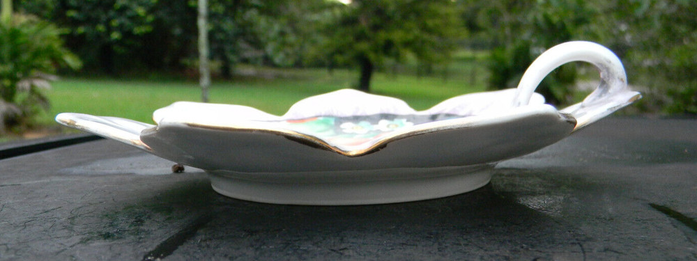 Marked Hand Painted Flower Shaped Candy Dish with Finger Loop Handle 6"