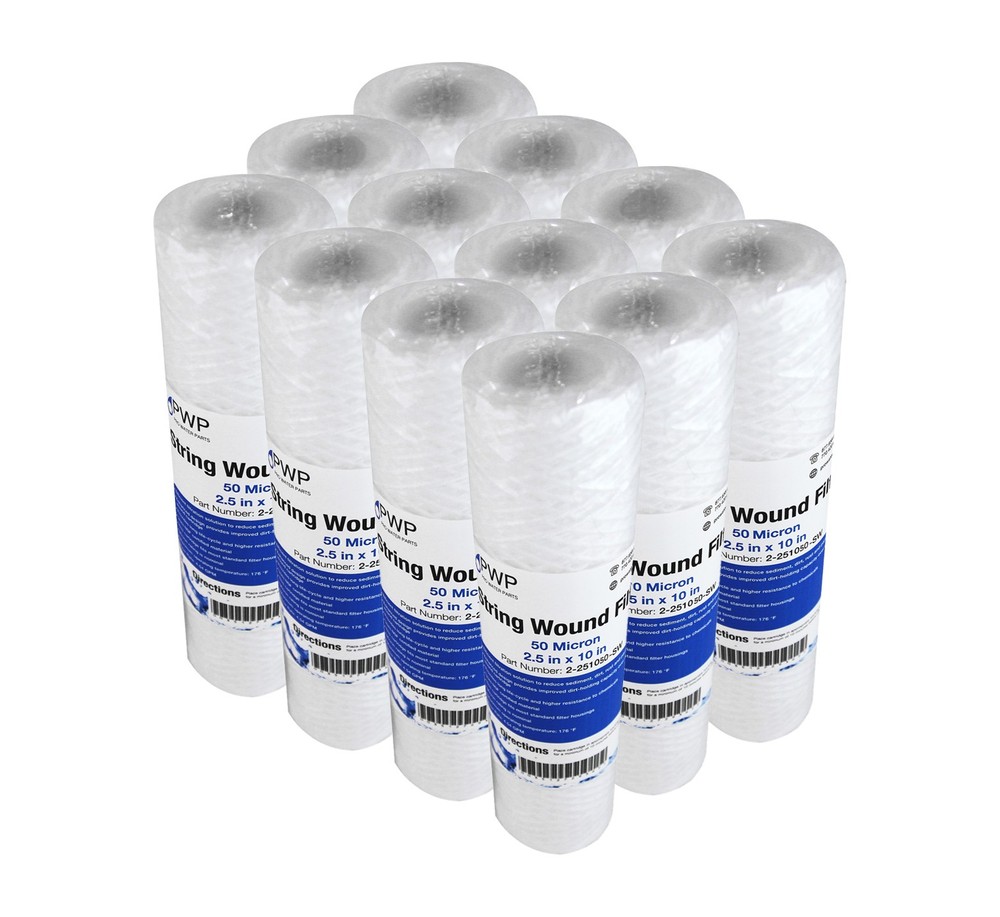 String Wound Sediment Water Filter Cartridge Standard 2.5x10" 50 Micron 12 Pack
