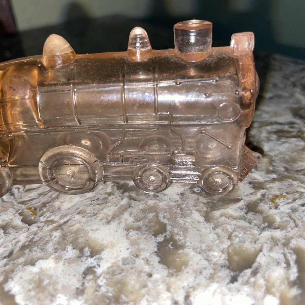 Vintage Pink Depression glass Train Engine candy container 5" long