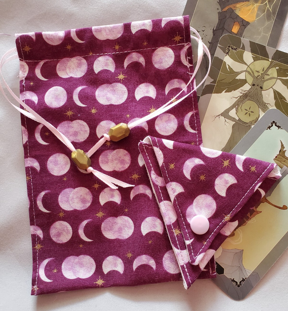 Tarot/Oracle Card Drawstring Bag Handmade Maroon Moon PLUS Crystal Pouch