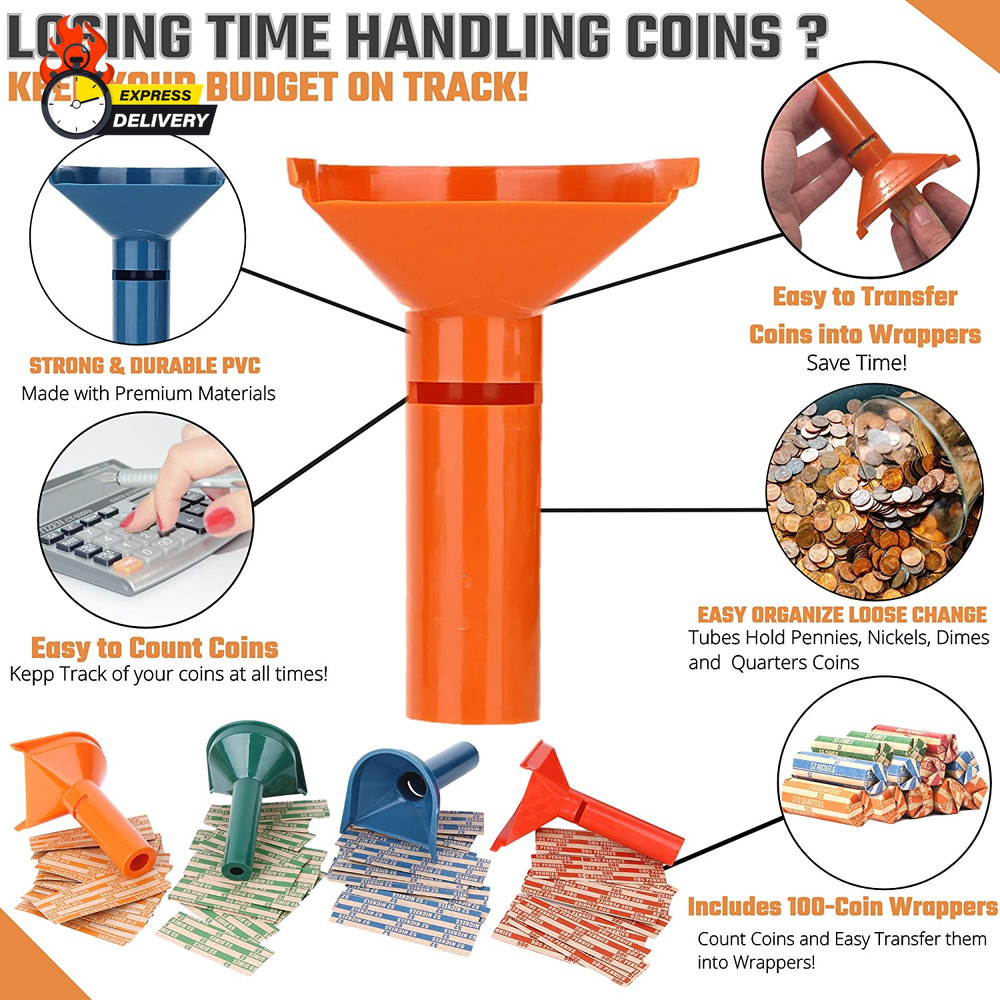 Coin Storage & Sorter Tubes 4 Color – Coded Coin Counters Tubes and Assorted Coi