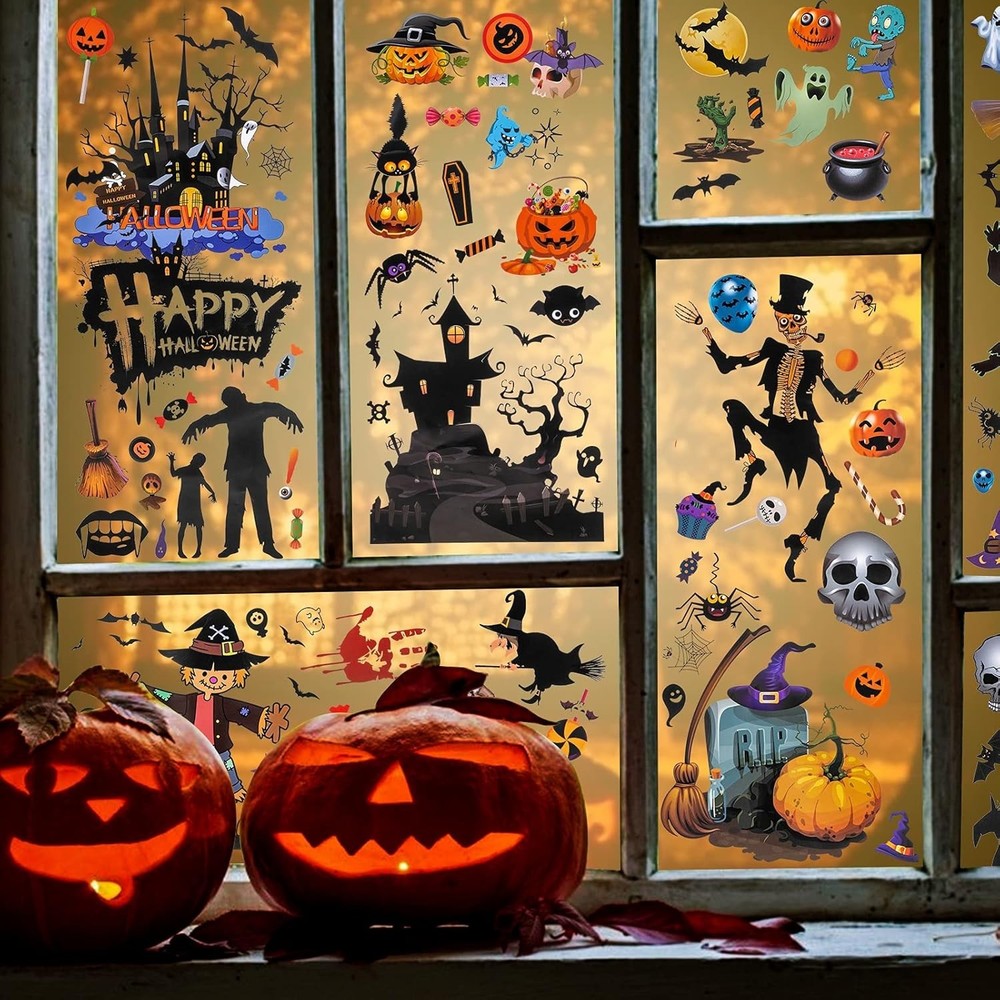 OLEDANK HALLOWEEN WINDOW CLINGS – 9 SHEETS – PUMPKIN, GHOST, SKULL DECOR - NEW