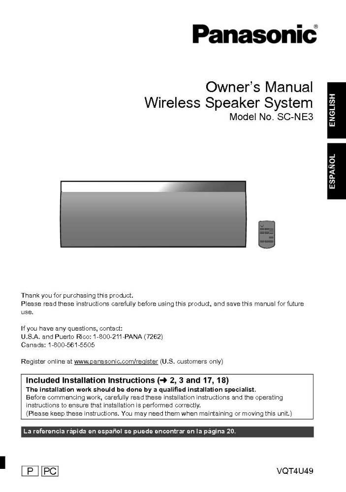 Panasonic SC-NE3 Wireless Speaker System Owners Instruction Manual