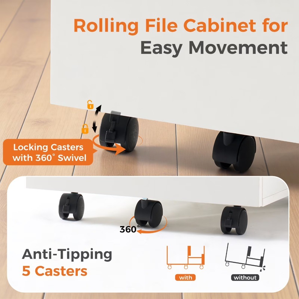 2-Drawer Rolling File Cabinet with Lockable Wheels, Printer Stand