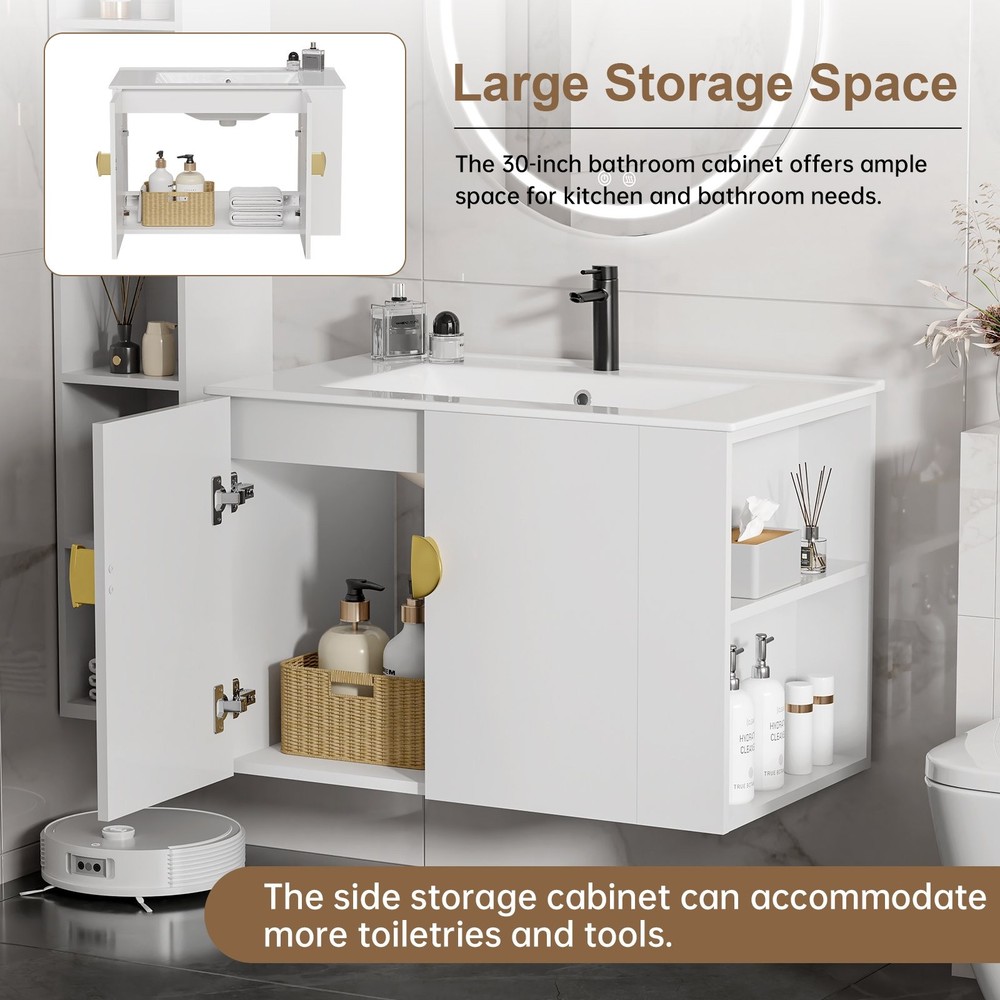 30" Wall Mounted Bathroom Vanity Cabinet with Ceramic Sink & 2 Doors White