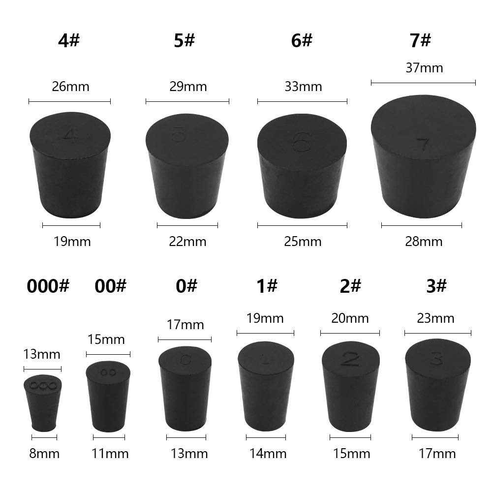 27 Pack (10 Assorted Sizes) 000# - 7# Tapered Lab Bungs Solid Rubber Black