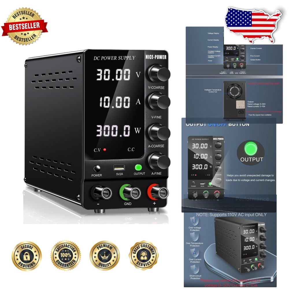 Regulated DC Power Supply 30V 10A: 4-Digit Display, USB, Stable Output Switch