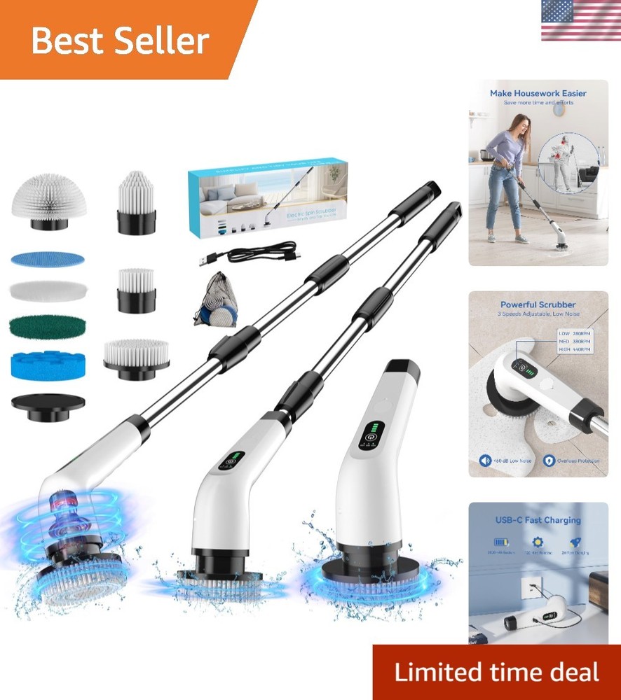 Multi-Surface Electric Spin Scrubber - 440 RPM Power & Adjustable Length Handle