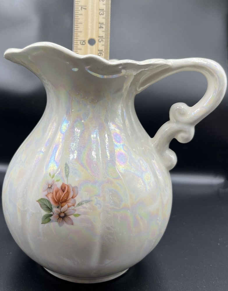 Victorian-style Iridescent ceramic pitcher w/roses