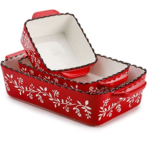 3 Pack Ceramic Bakeware Set, Porcelain Rectangular Baking Dish Lasagna Red
