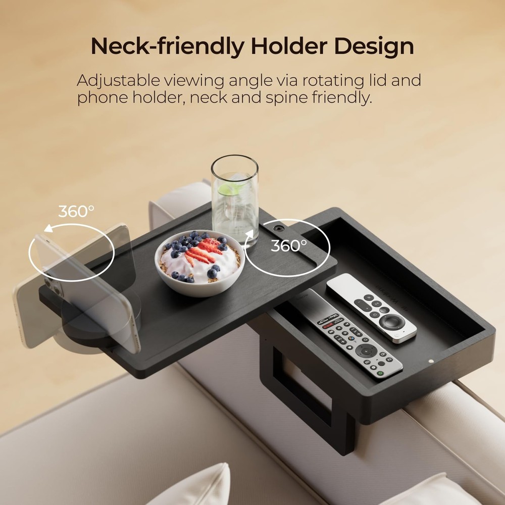Wealone Mini Black Couch Arm Table for Narrow Armrest, Sofa Tray w/ Storage