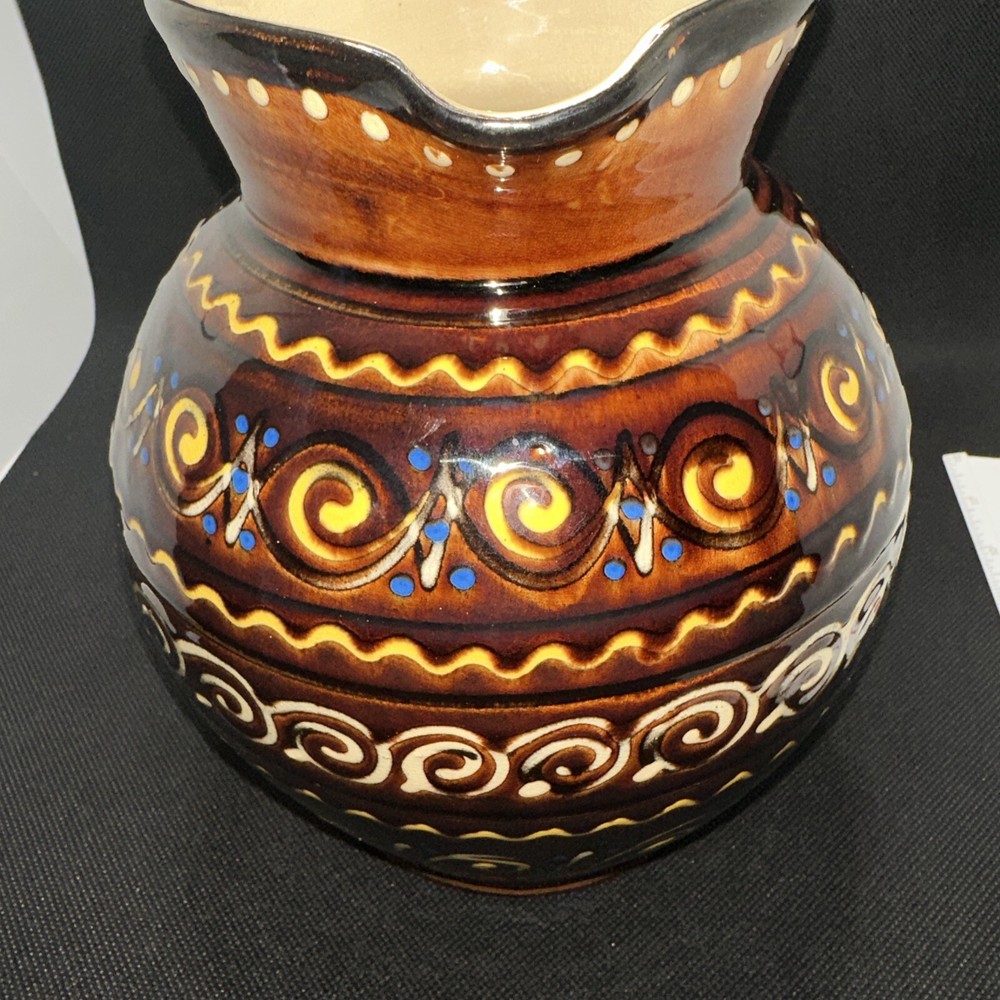 Art Pottery Pitcher Brown & Yellow Glazed Pattern