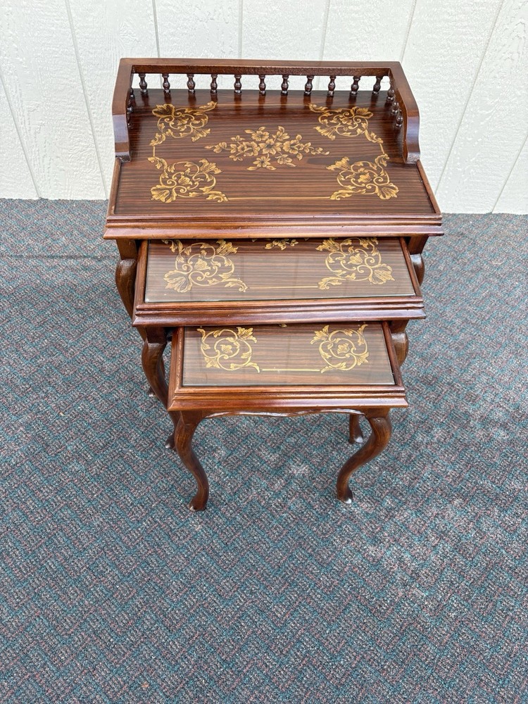 67334 Inlaid Mahogany 3 Stack Table Set with Gallery