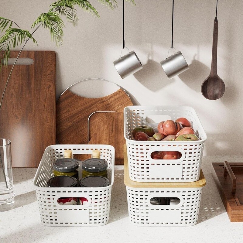 Stackable Plastic Storage Bins W/ Bamboo Lid 5Qt Organizing Baskets 6 Pack New