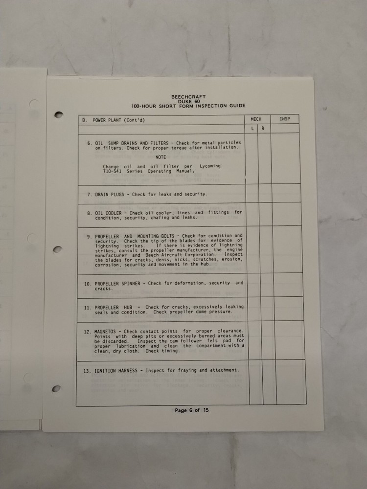 Beechcraft Model Duke 60 100-Hour Short Form Inspection Guide (3-Sets)-Original
