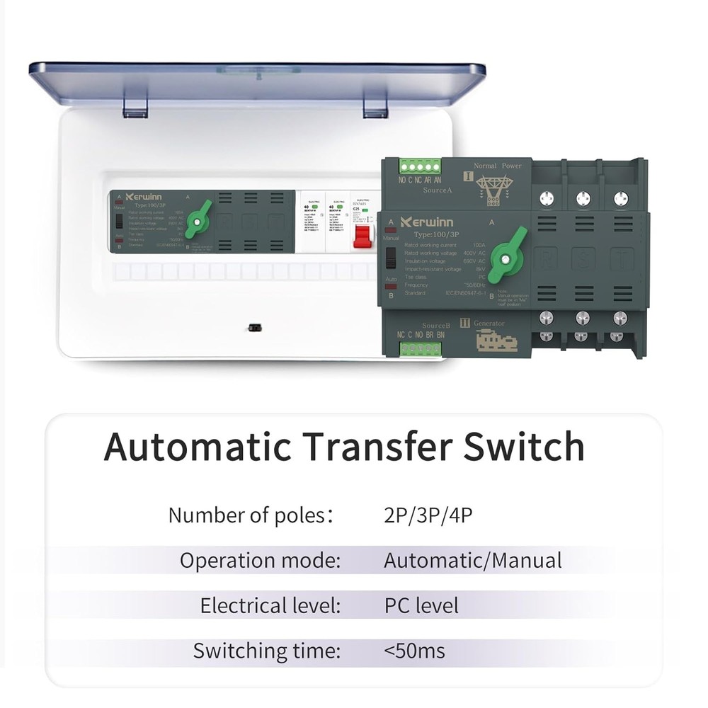 100 Amp Automatic Transfer Switch - 220V Dual Power Selector for Home & Office