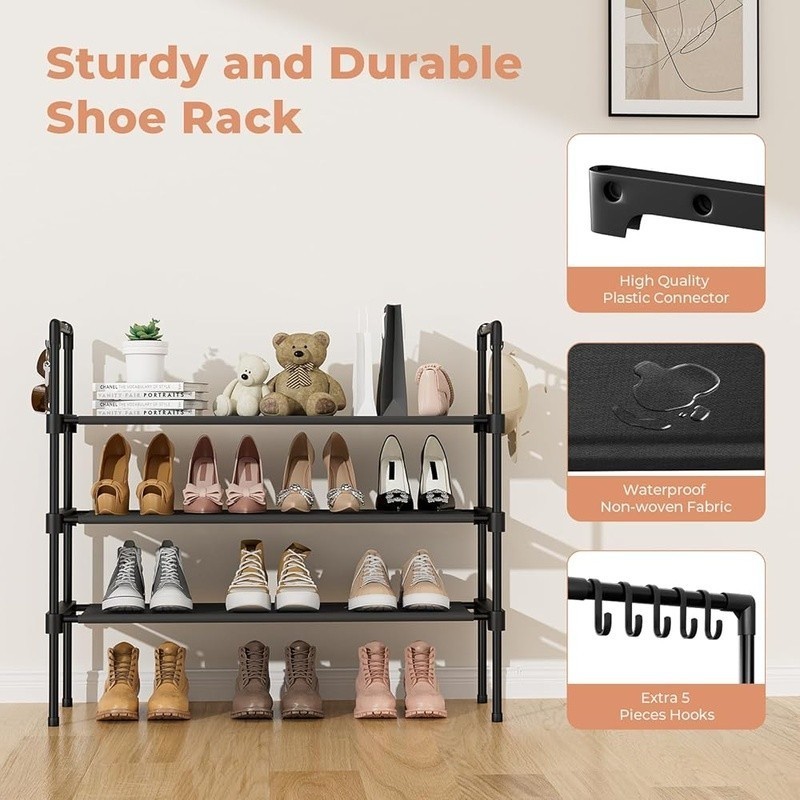 Stackable Shoe Rack 3 Tier Space Saving Organizer W/ Hooks Easy Assembly New