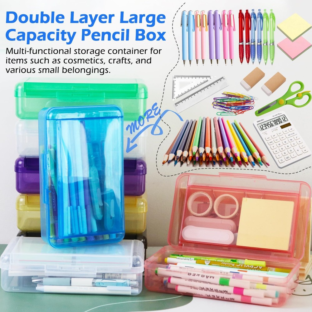 Double Layer Hard Plastic Translucent Pencil Box Blue