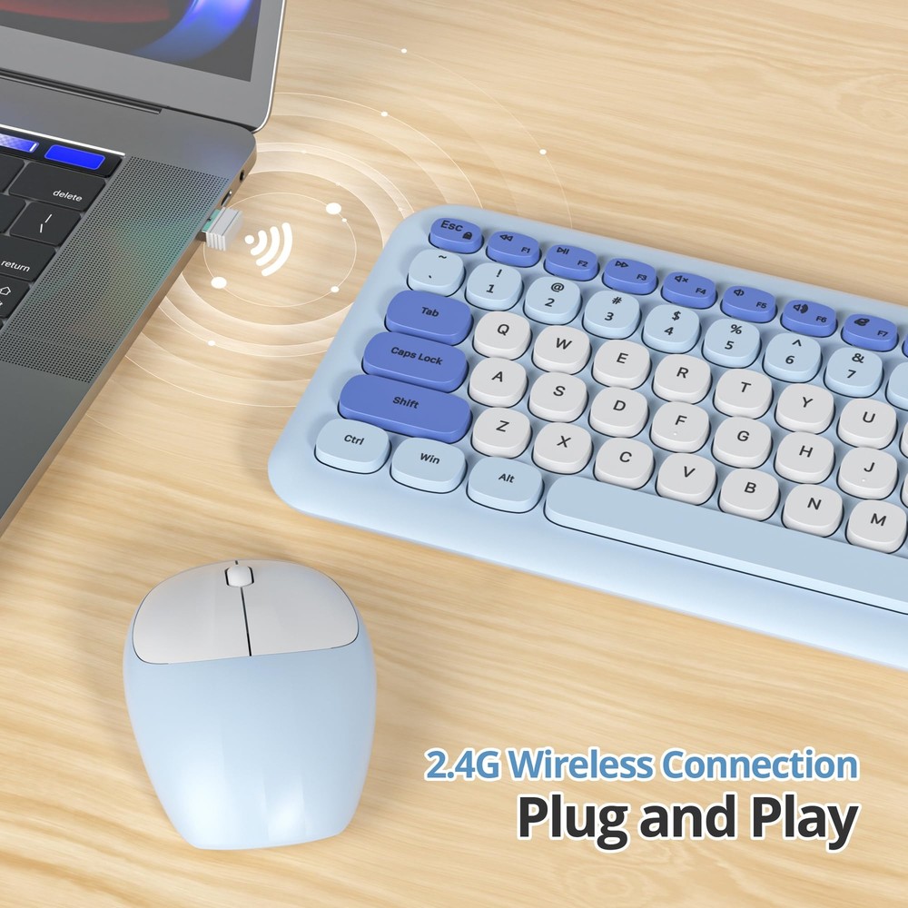 Gradient Blue Colorful Wireless Keyboard and Mouse Combo Set 2.4GHz Retro Typ...