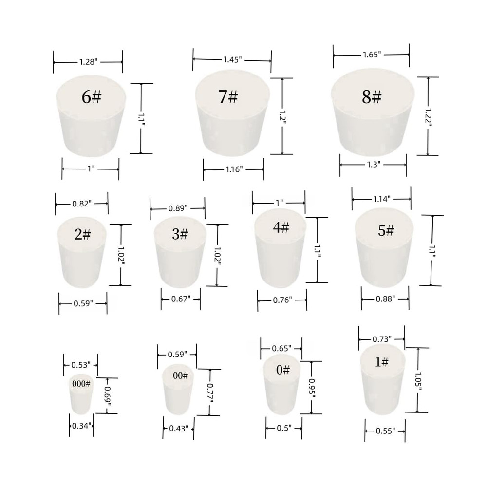 26 Pack Solid Rubber Stoppers, 000# - 8# Sizes Assortment, 11 Sizes Total