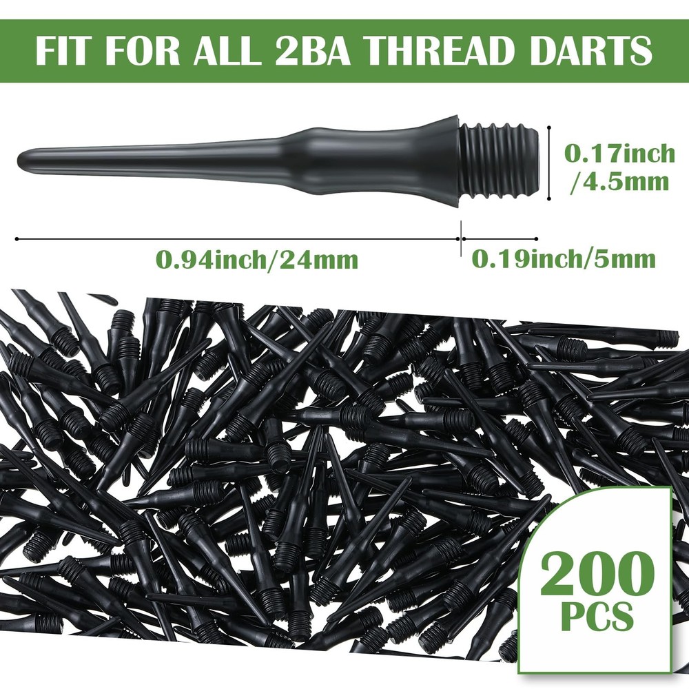 VioraWhite 200 Pack 2BA Thread Soft Tip Dart Points Plastic Replacement Black