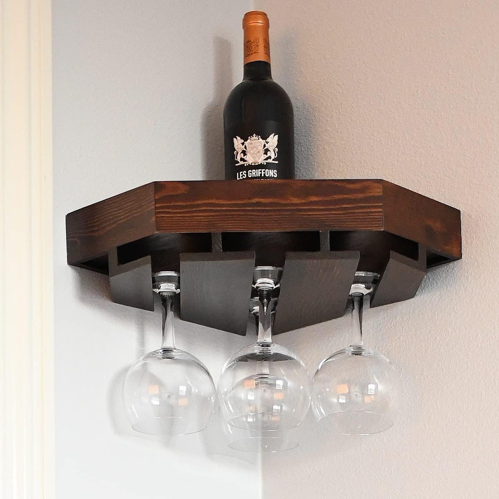 Wall Mounted Corner Wine Rack -2 Pack Wooden Rustic Floating Corner Wine Holder