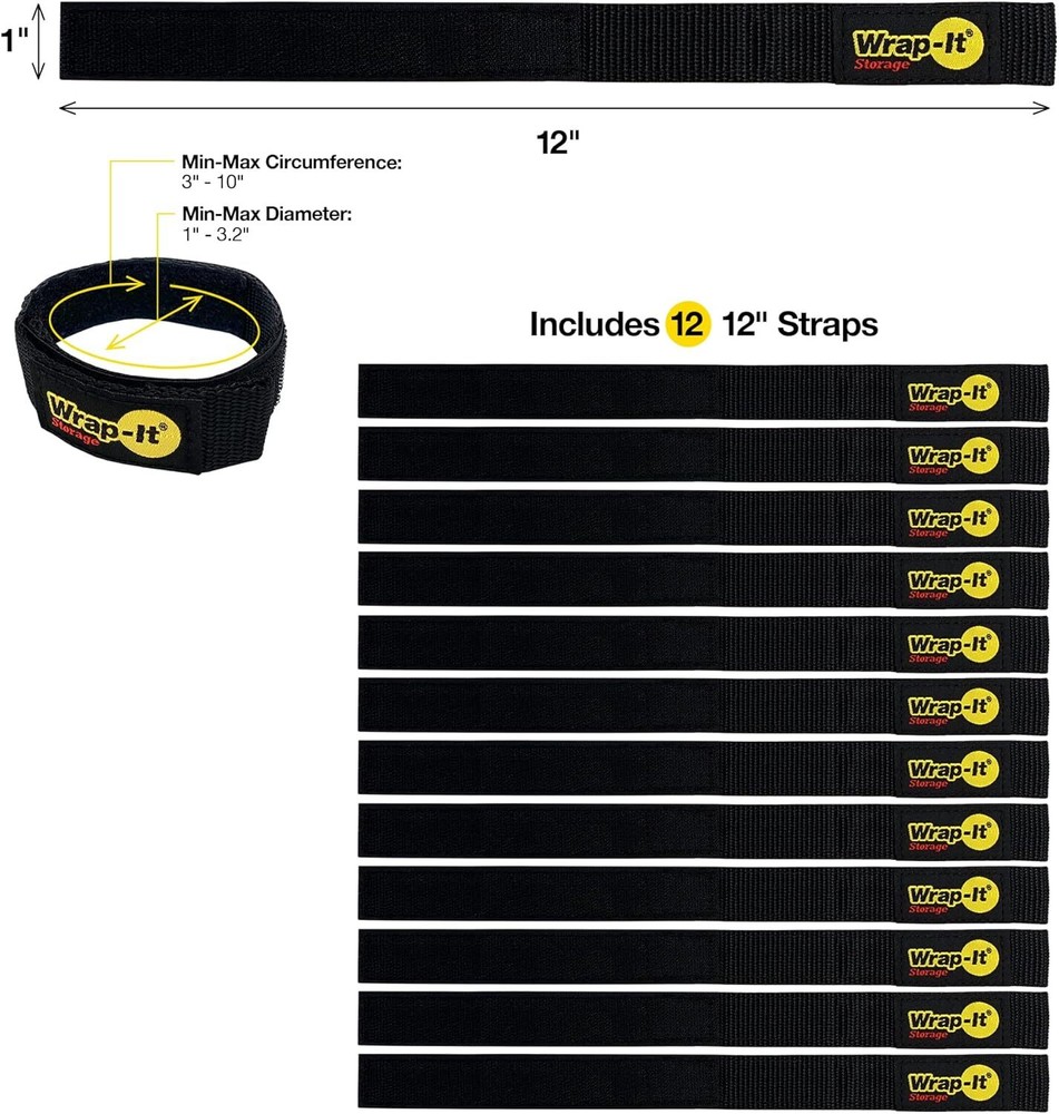 Quick-Straps by Wrap-It Storage – 12” (12-Pack) Black - 12" (12 Pack),