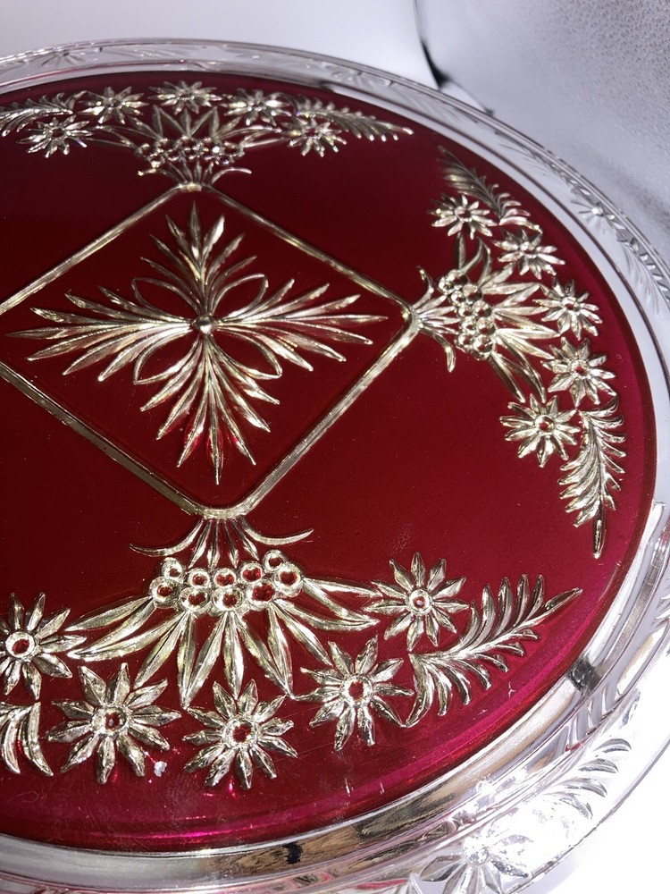 Vintage Mercury Silver Ruby Red Platter Stand Goofus Glass Beautiful