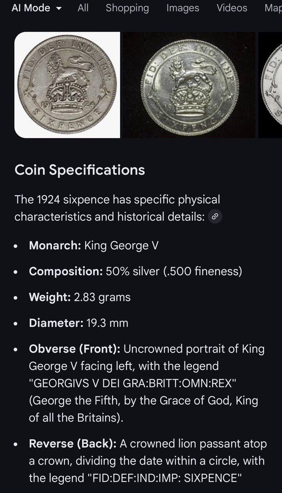 1924 Sixpence Great Britain - 50% SILVER