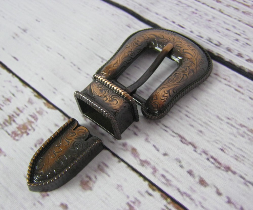 3 Piece Copper Engraved Rope Edge Buckle Set Loop Tip 3/4"