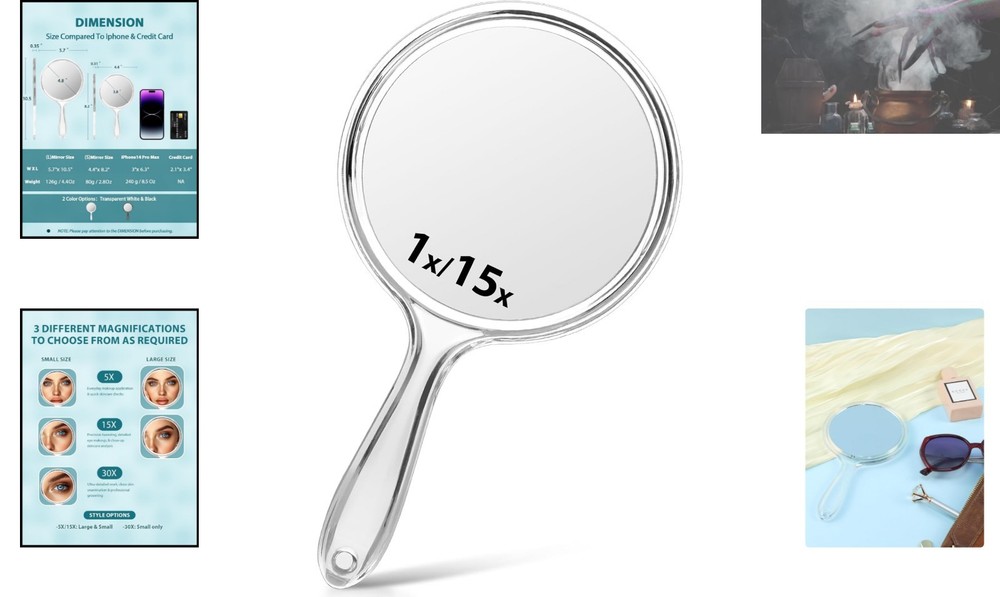 Versatile Double-Sided Mirror, Handheld and Lightweight - 15X Magnifying - 10.5"